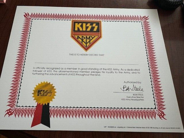 KISS ARMY Official Member Certificate Gene  Simmons, Ace Frehley , Paul Stanley