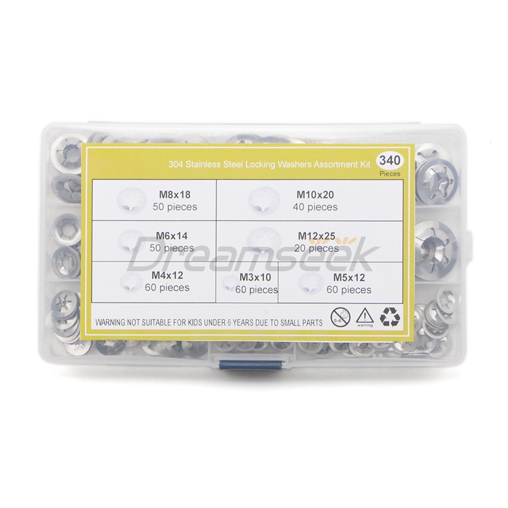 340Pcs Internal Tooth Star Lock Spring Quick Washer Push On Speed Nut Assortment