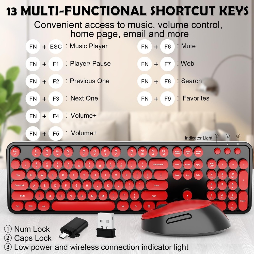 Wireless Keyboard, Mouse, Retro Typewriter, Round Keycaps, Black, Red, Full-Size