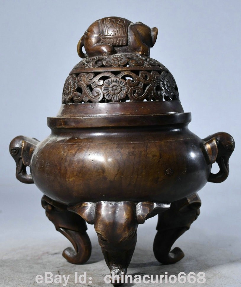 8" Marked Old China Copper Carving Dynasty Palace Elephant Ear Flower Censer