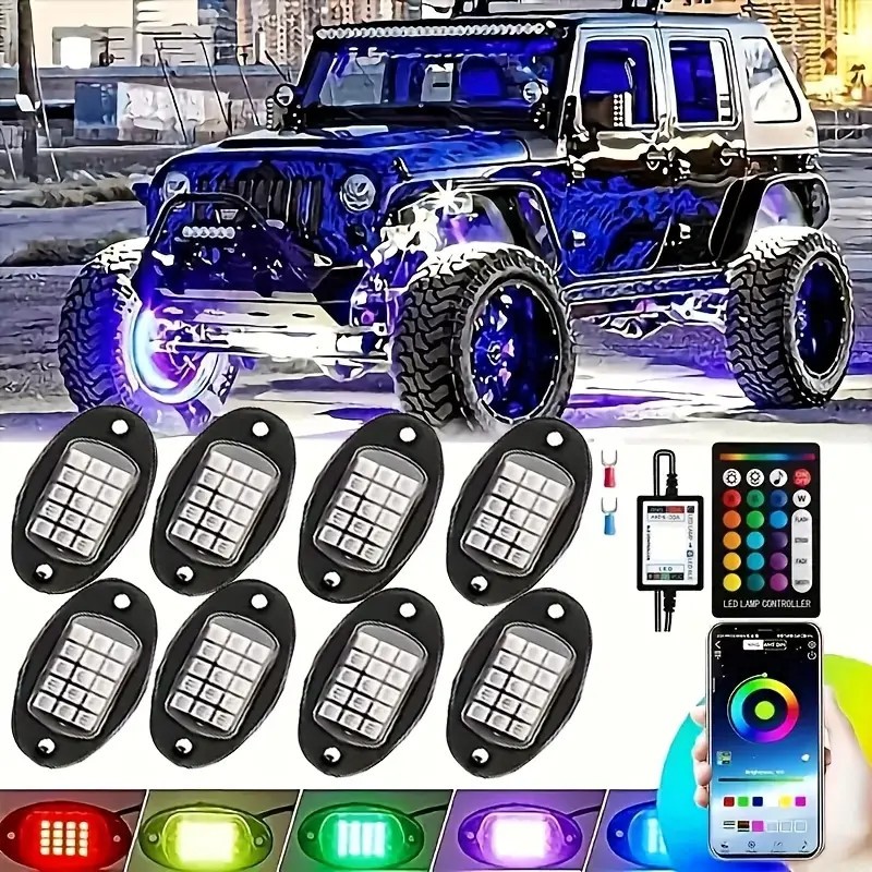 8Pods RGB LED Rock Lights Offroad Music Wireless Bluetooth Underglow Neon Lights