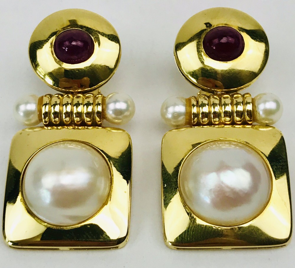 Art Deco 18k Solid Yellow Gold Mabe Pearl & Ruby Drop Dangle Omega Back Earrings