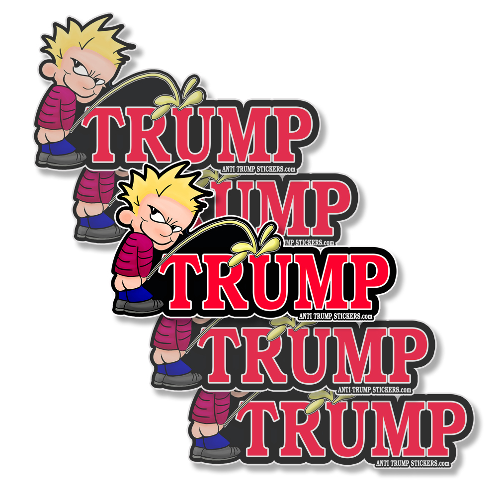 Calvin peeing on Trump funny bumper stickers 3" wide 5-pack