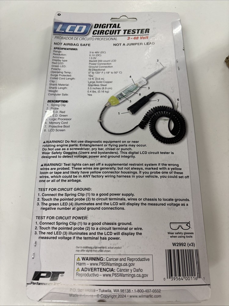 Performance Tool W2992 Computer Safe LCD Digital Circuit Tester 3 to 48 Volt