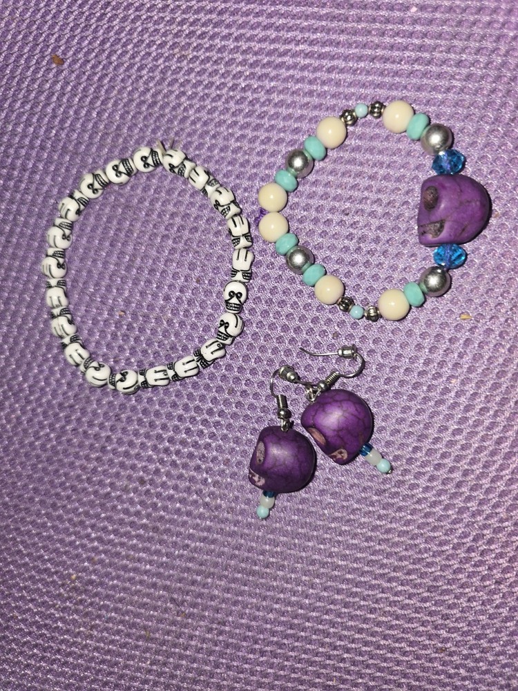 Skull Ear Ring & Bracket Set With Multiple Extra Multi Color Bracelts Set
