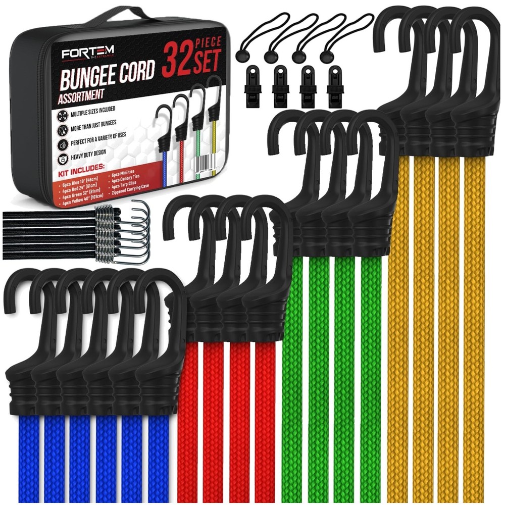 Multi-Size Bungee Cord Set - 32 Pack with UV Resistant Hooks & Carrying Case