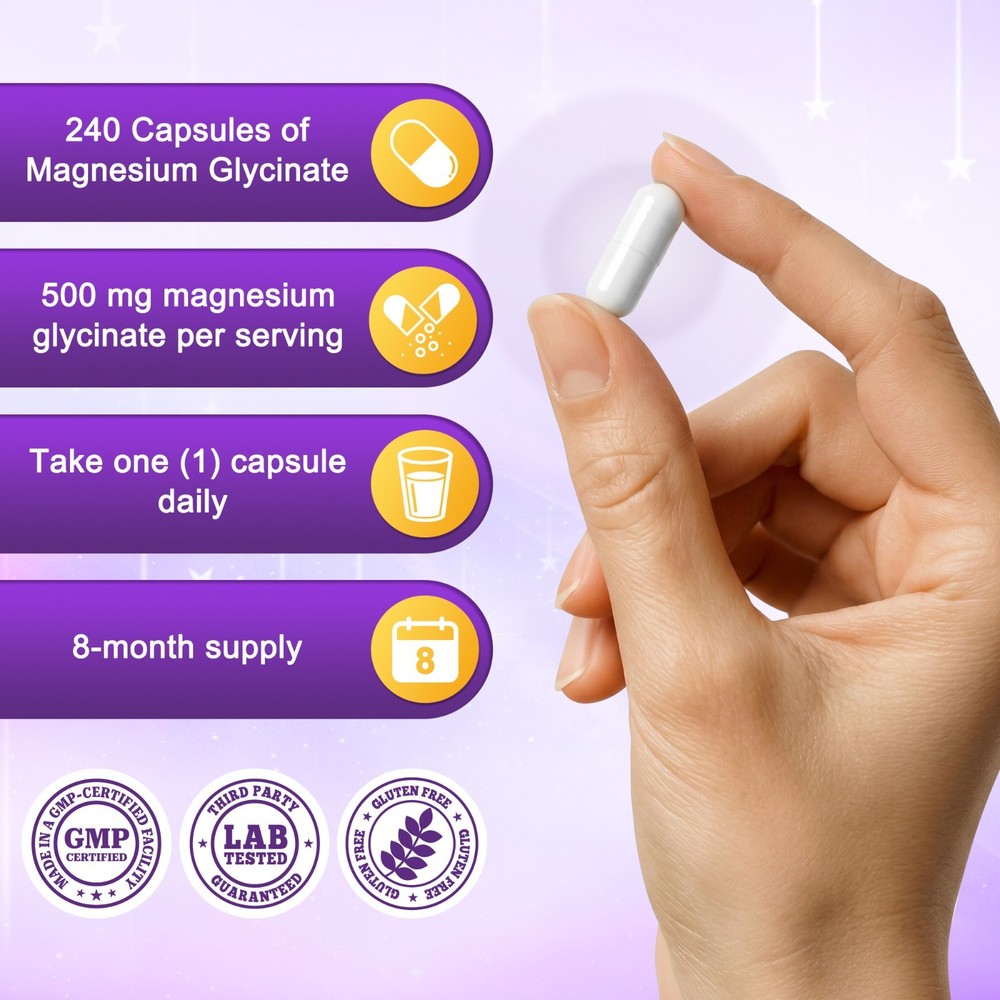 3 Pack Magnesium Glycinate Capsules (720 Capsules, 500 mg Per Serving)