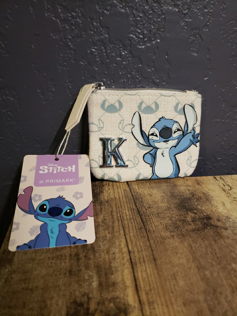 Primark Disney Stitch Small 3.5" x 4.25" Zipper Coin Purse w/ Metal "K” Initial