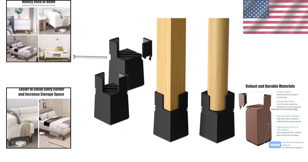 Modern Black Adjustable Bed Risers - Anti-Slip for Maximum Stability & Style