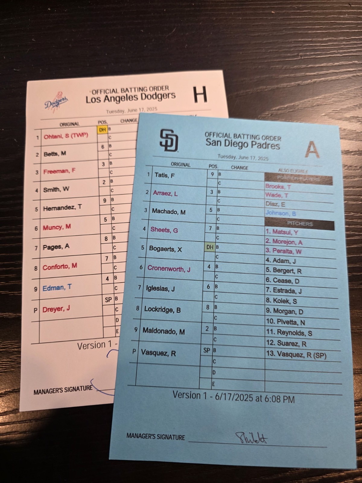 Game Used OFFICIAL BATTING ORDER LINEUP CARDS LA DODGERS & SAN DIEGO PADRES 2025