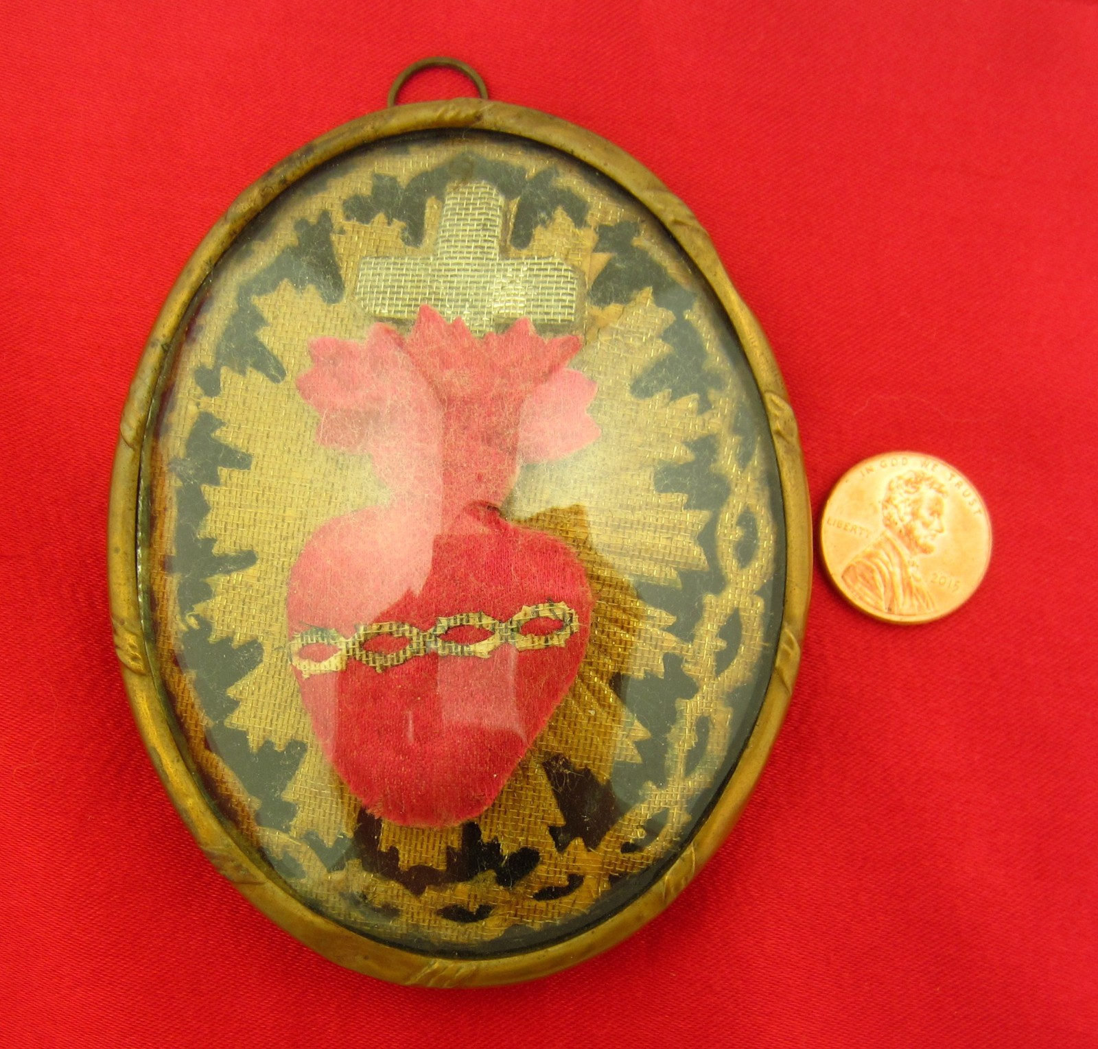 Antique SACRED HEART EX VOTO Reliquary Catholic French Domed Glass CROWN THORNS