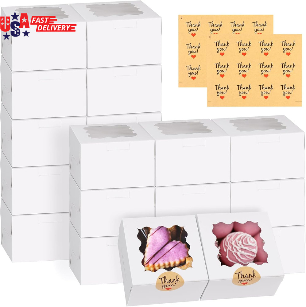 24Pcs White Cookie Boxes, 4X4X2.5 Inches Bakery Boxes with Window, for Mini Cake