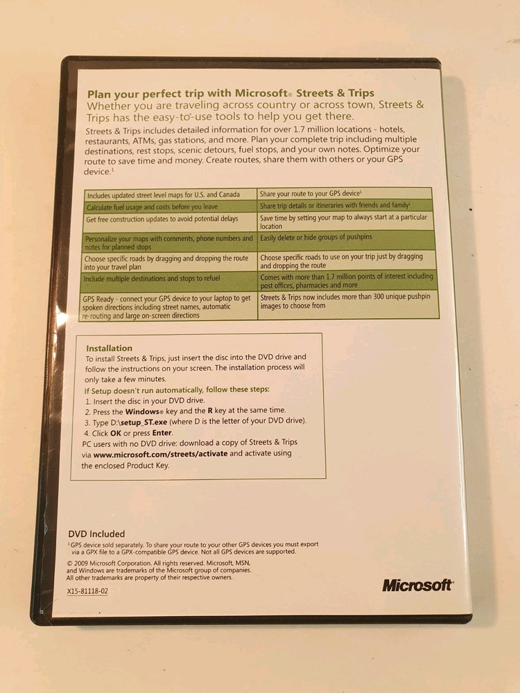 MS Streets & Trips 2009 Manual PC DVD Mapping Tool Software Microsoft