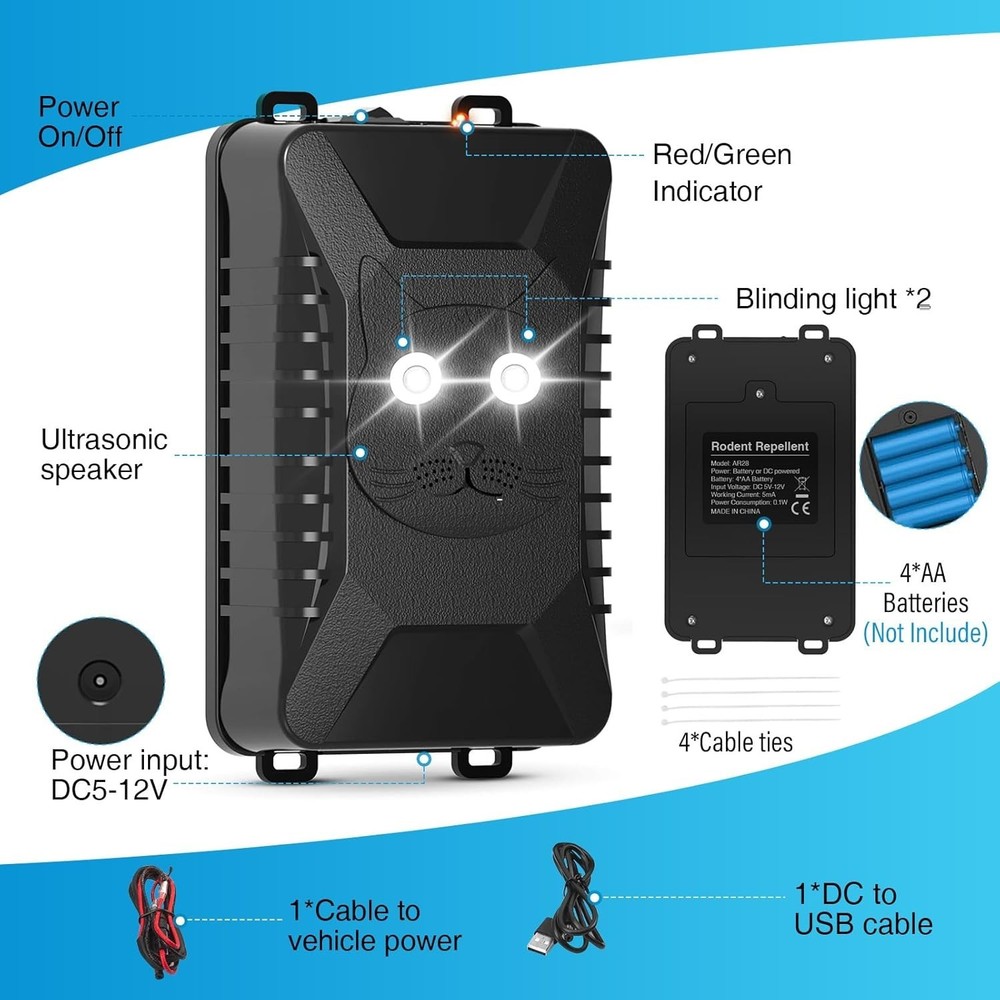 Rodent Repellent with Strobe Light, Battery-Powered Under