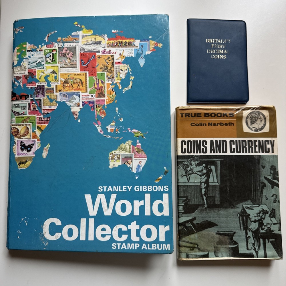 Vintage Stanley Gibbons World Collector Stamp Album + Coins and Currency 1st ed