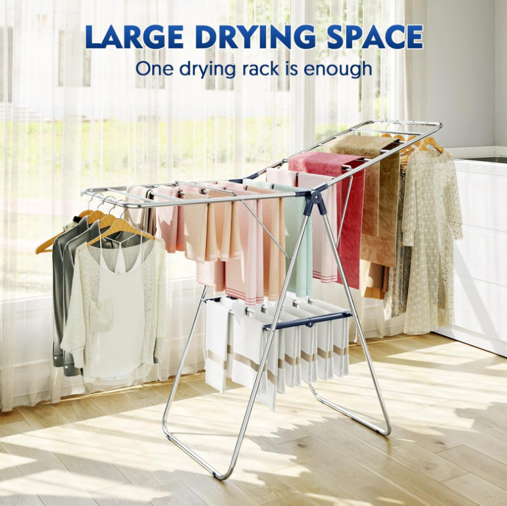 Clothes Drying Rack, Height-Adjustable, Foldable Gullwings Laundry Drying Rack