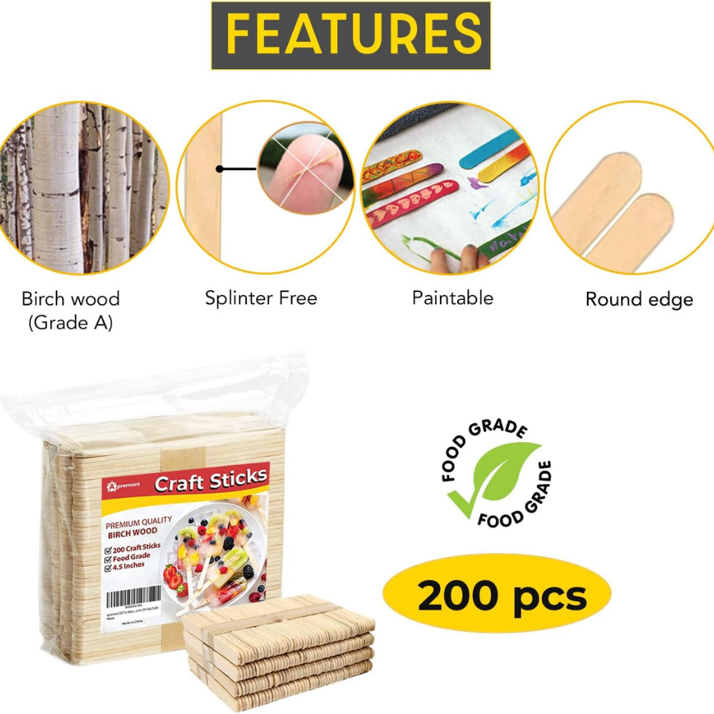 200 Pcs Natural Wooden Food Grade Sticks - Ice Cream Stick - Popsicle 4.5 inch