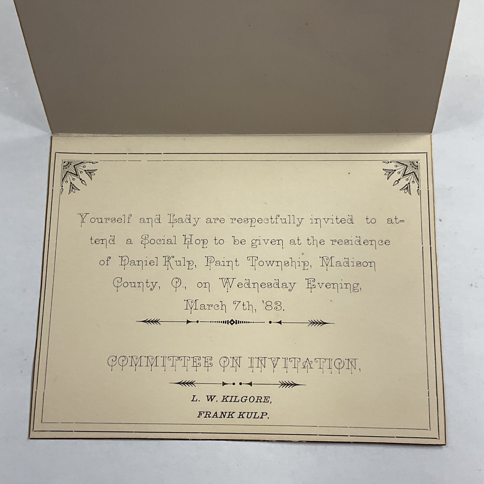 1883!! Madison County, Ohio, London, Social Hop Party Invitation Paint Township