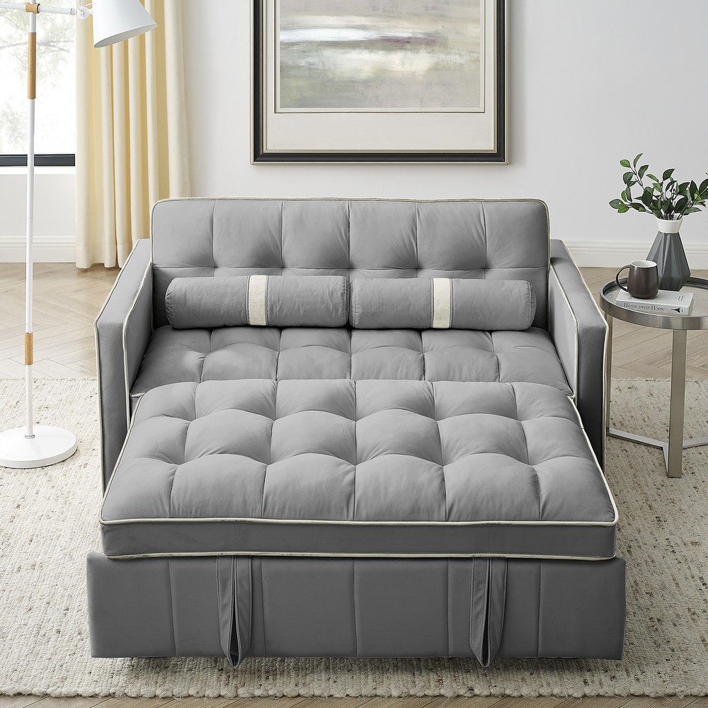 55.5" Pull Out Sleep Sofa Bed 2 Seater Loveseats Sofa Couch w/ Side Pockets
