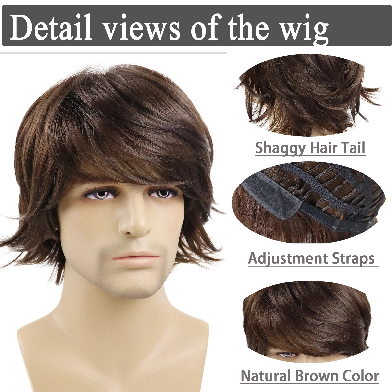 Men's Short Brown Wig Natural Fluffy Synthetic Hair Wig Heat Resistant Daily USA