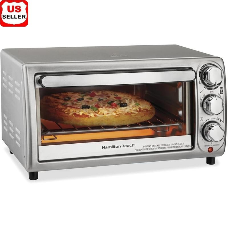 4 Slice Toaster Oven W/ Baking Broiling Toasting Keep Warm & Automatic Shutoff