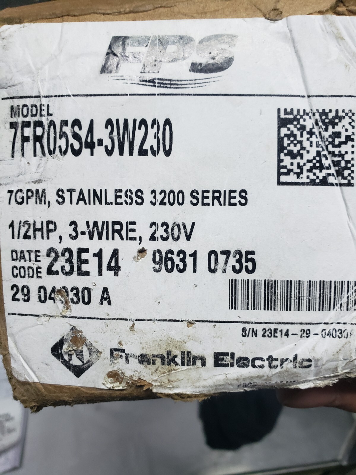 FRANKLIN ELECTRIC 7FR05S4 (1/2HP, 3WIRE,230V, 7GPM, SUBMERSIBLE PUMP) NIB