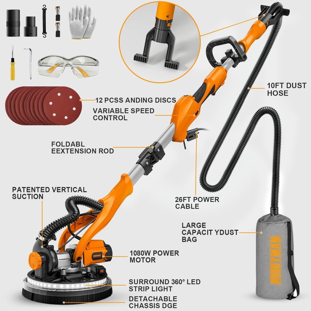 Electric Sander for Drywall and Ceilings with Extendable Handle and Accessories
