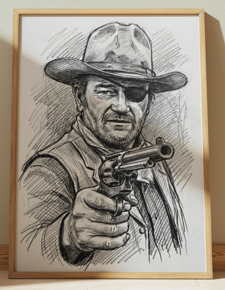 TRUE GRIT JOHN WAYNE DRAWING PRINT PORTRAIT SKETCH 8" x 10"  WALL ART