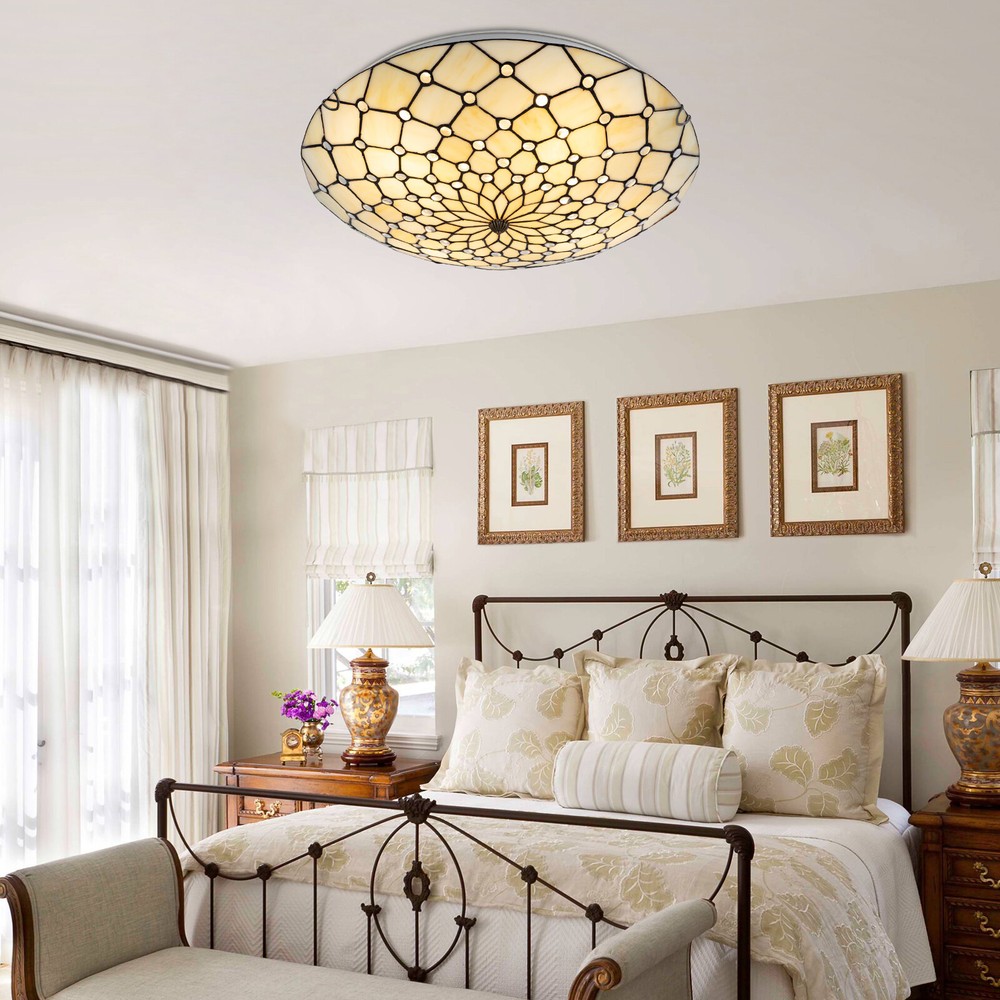 Vintage Style Flush Mount Wide Stained Glass Ceiling Lamp 4-Light Ceiling Light