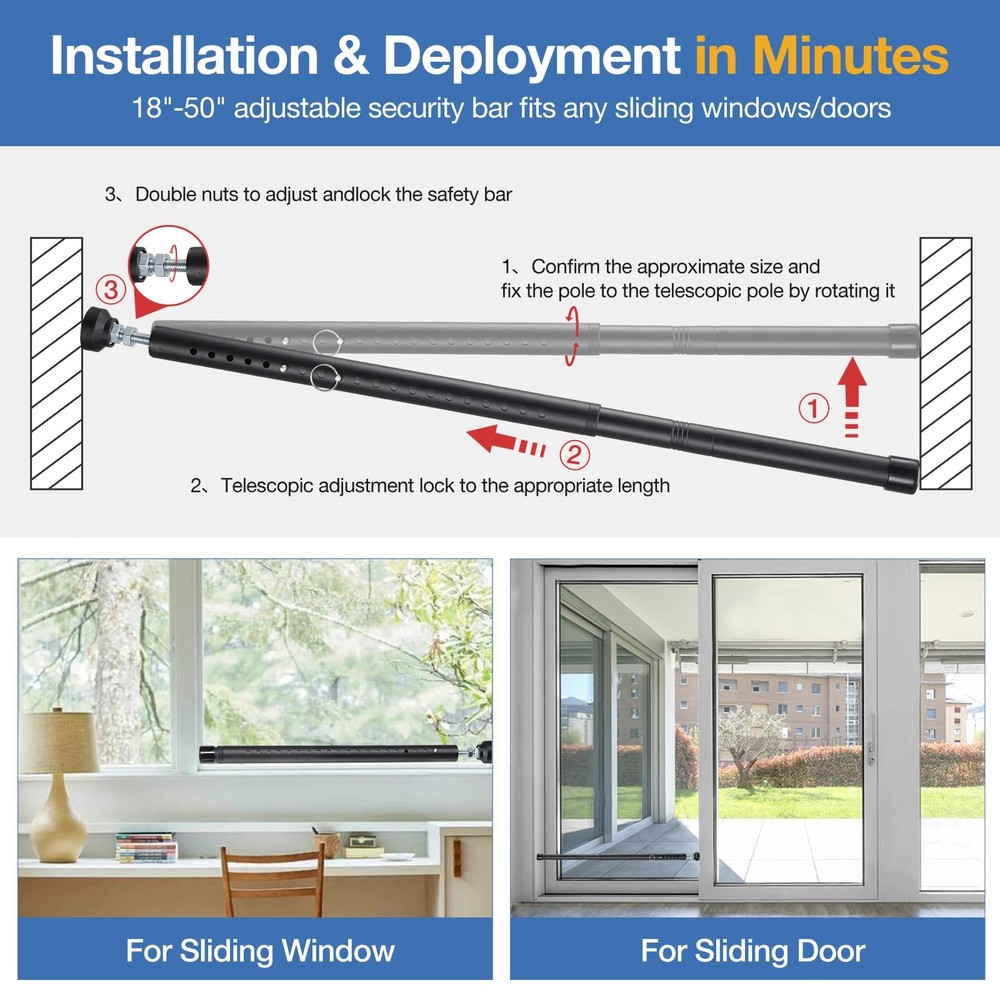 Sliding Door Security Bar, 3 Pack 18"-50" Adjustable Black - 3 Pack,