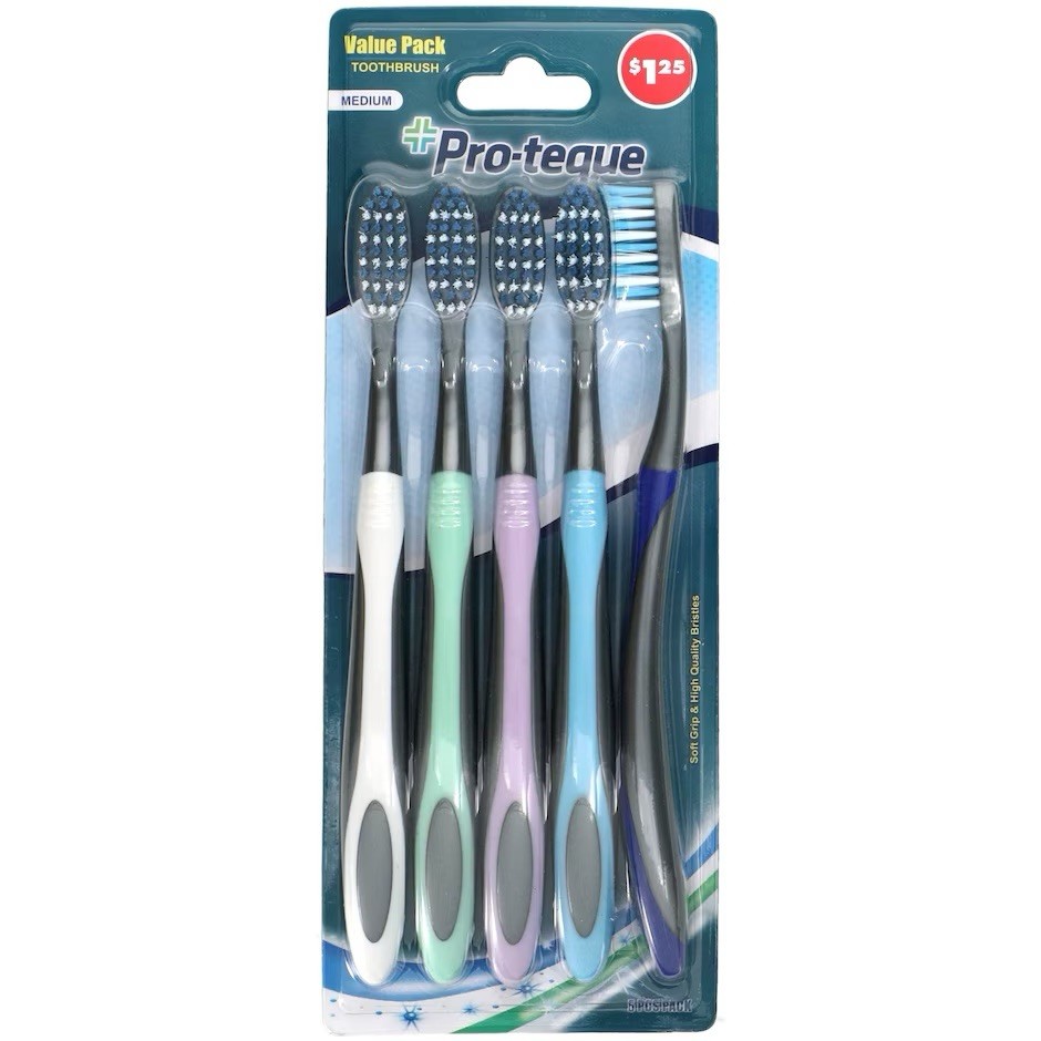 Pro-teque Medium Multicolor Toothbrushes Value Pack 5 Count Nylon Bristles