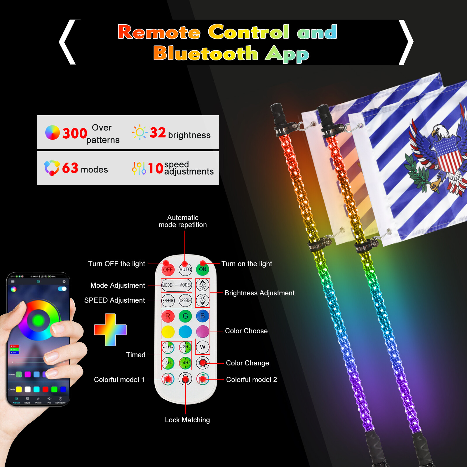 Pair 4ft RGB Spiral LED Whip Lights Antenna Chase + US Flag & Remote for ATV UTV