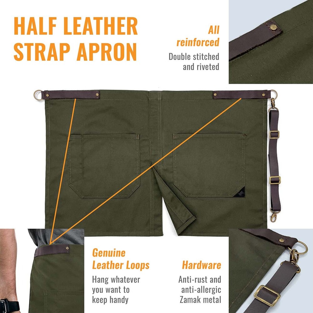 Half Apron - Genuine Leather Straps & Loops - Split-Leg - Restaurant, Waitstaff