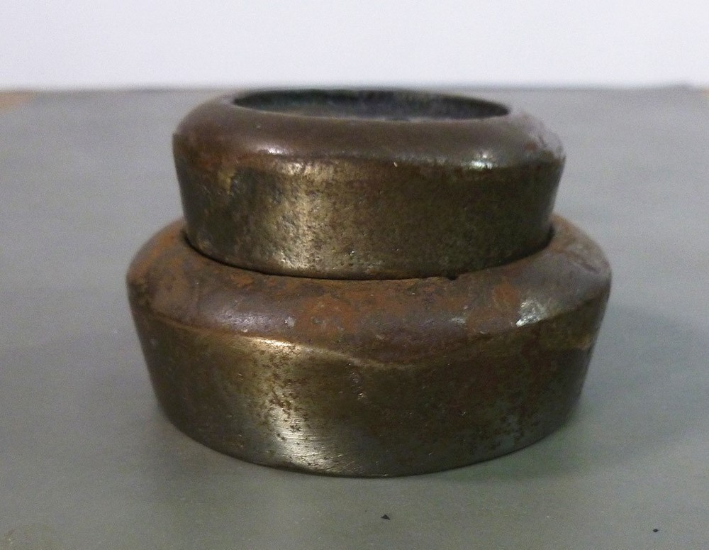 TWO cast iron WEIGHTS trade type SCALE ACCESSORY 1 lb and 8 oz round stacking