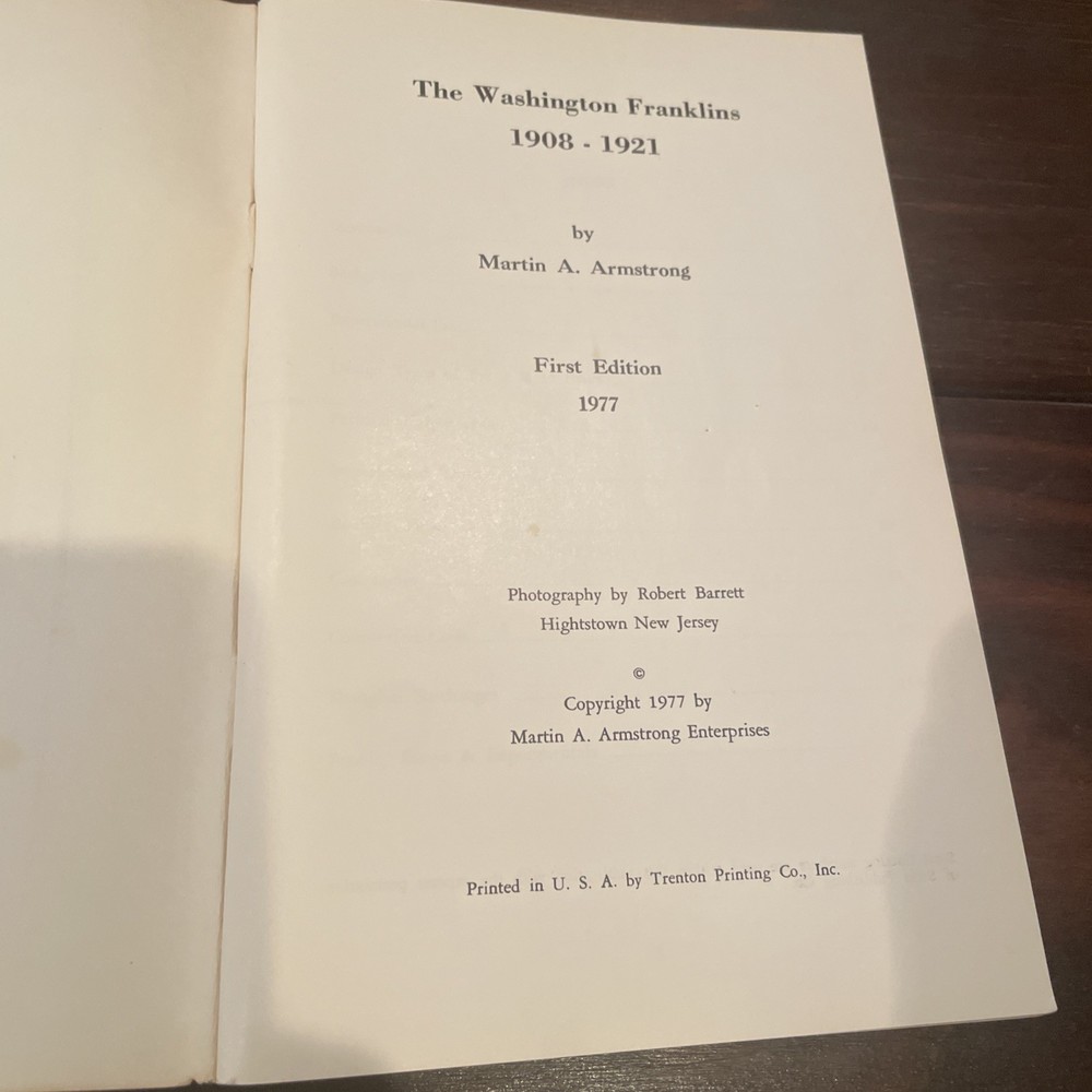 Washington-Franklins By Martin A Armstrong. 1st Edition 1977 Printed In Trenton
