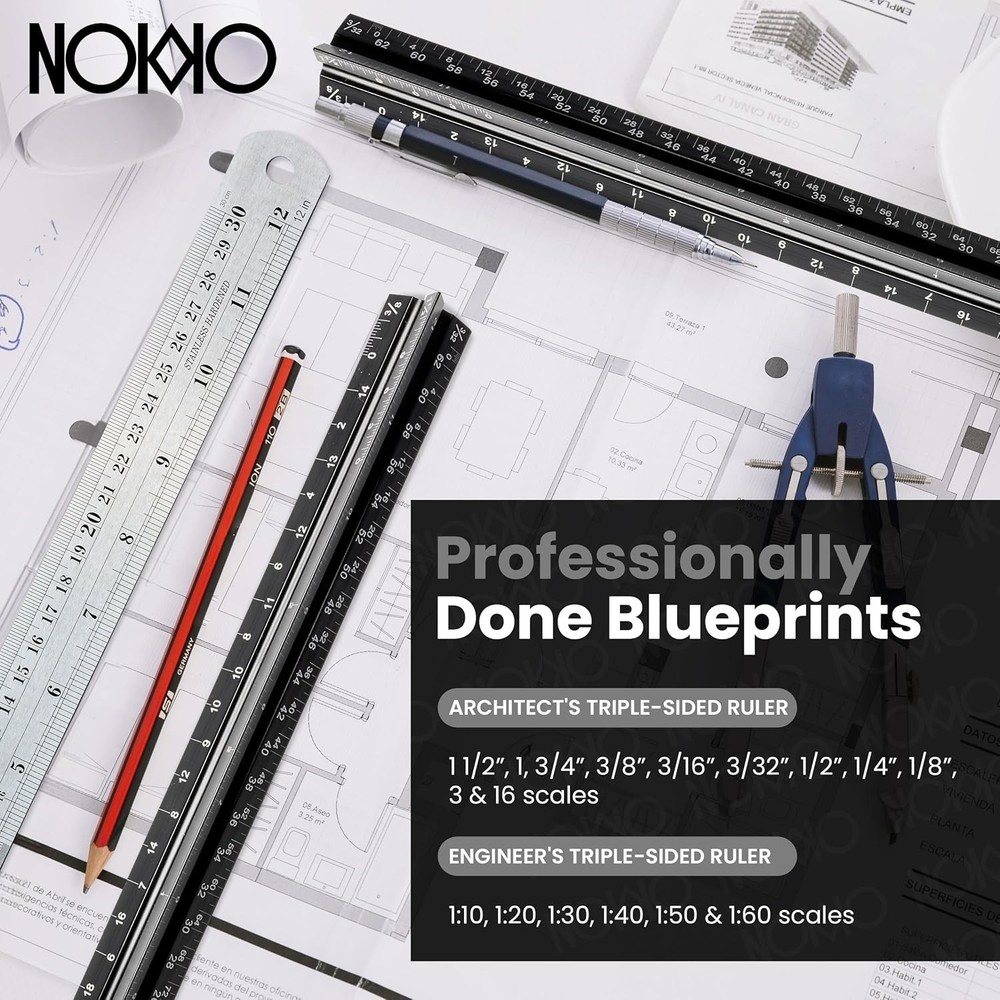 "12 Inch Architectural and Engineering Scale Ruler Set - Professional Architec..