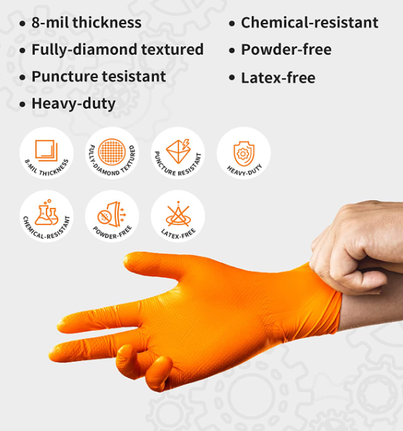 First Glove Grip Orange Nitrile Disposable Gloves 8 Mil Raised Diamond Texture