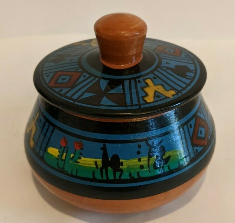 Bright Color Tiny Lidded Hand Painted Fired Clay Jar Southwestern 