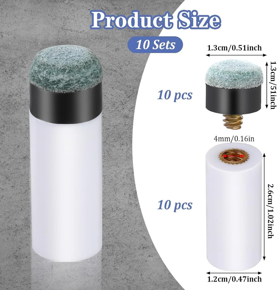 10 Sets Screw on Pool Cue Tips Replacement Billiard Cue Tips with White Pool...