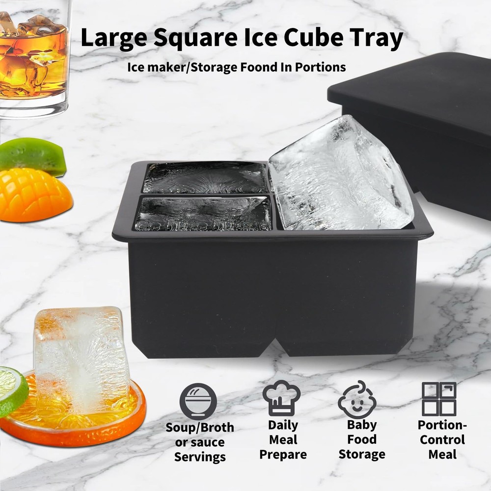 Large Silicone Ice Cube Tray with Lid (2.5-Inches), Stackable Square Ice Cube...