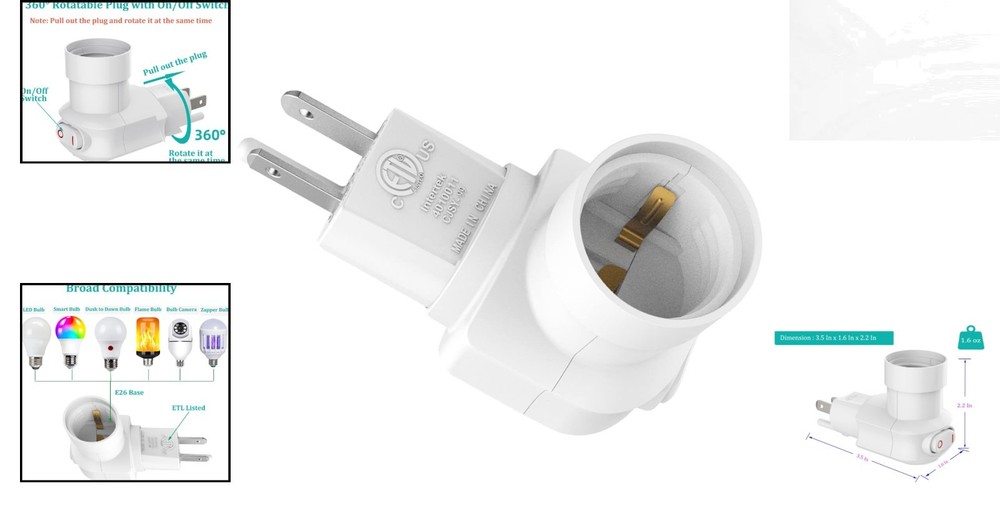Versatile Light Socket Adapter - 360° Adjustable Plug & Safety Certified, White