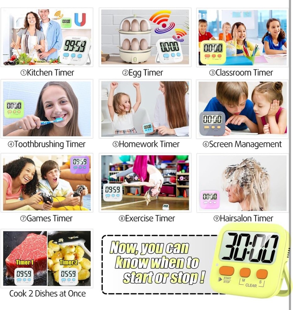 Antonki Timer Timer for Kids Kitchen Timers Digital Timer Pack of 2 (white)
