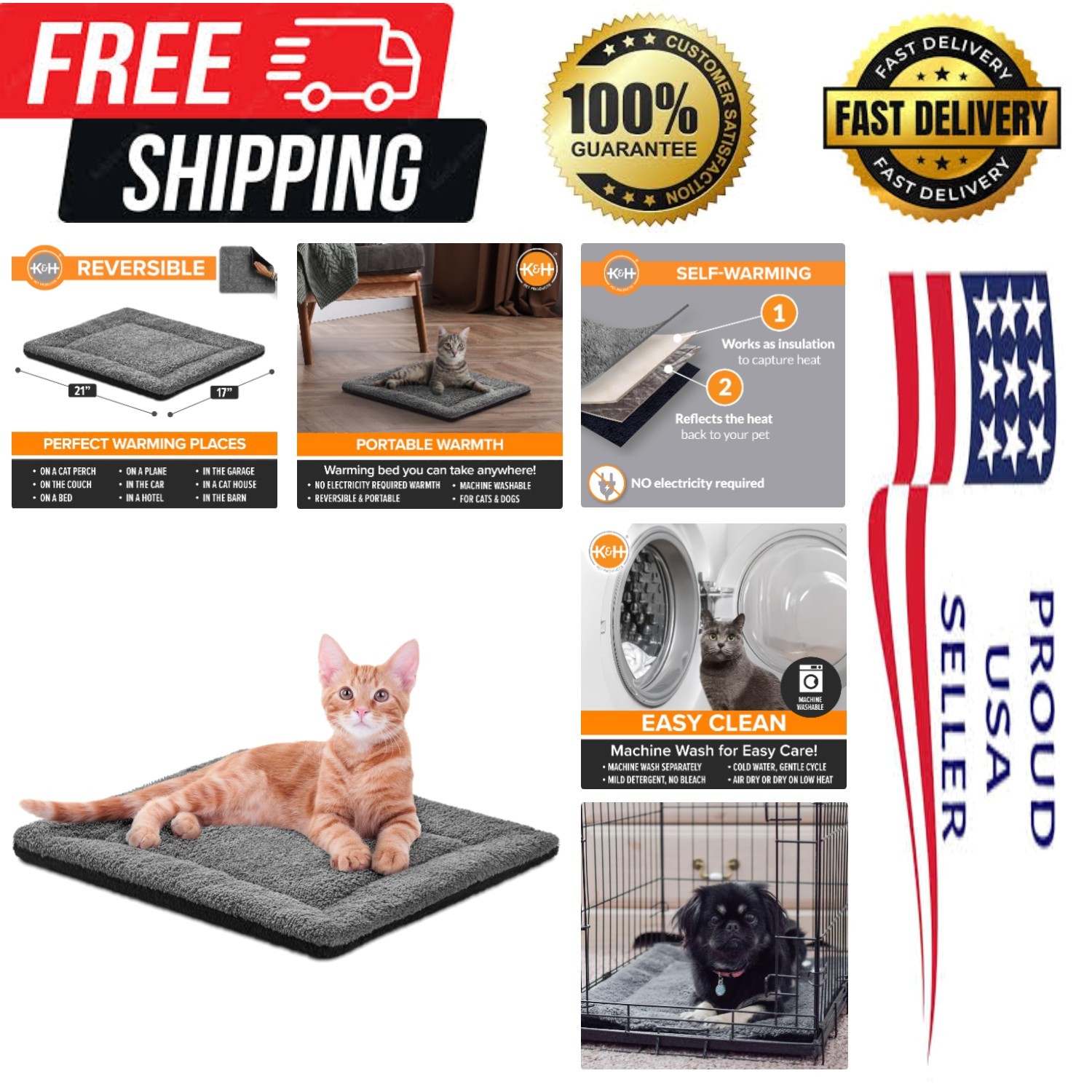 Reversible Heated Cat & Dog Bed Mat - Machine Washable 21x17