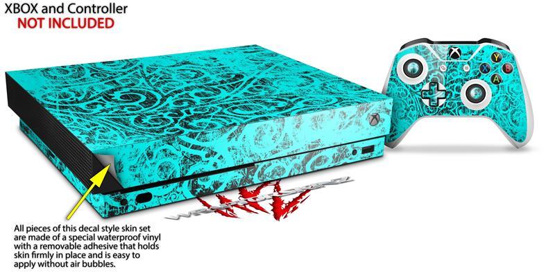 Skin for XBOX One X Console Controller Folder Doodles Neon Teal Decal