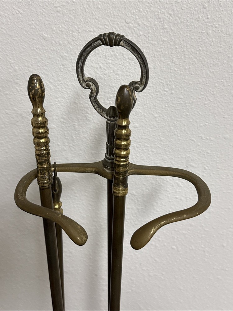 Vintage Solid Brass Fireplace Tool Set – Complete 4-Piece Hearth Set Nice Patina