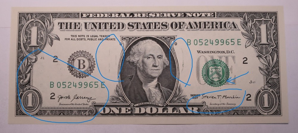 $1 Dollar Ink Bleed Through Error Seal Printed Low Uncirculated Note