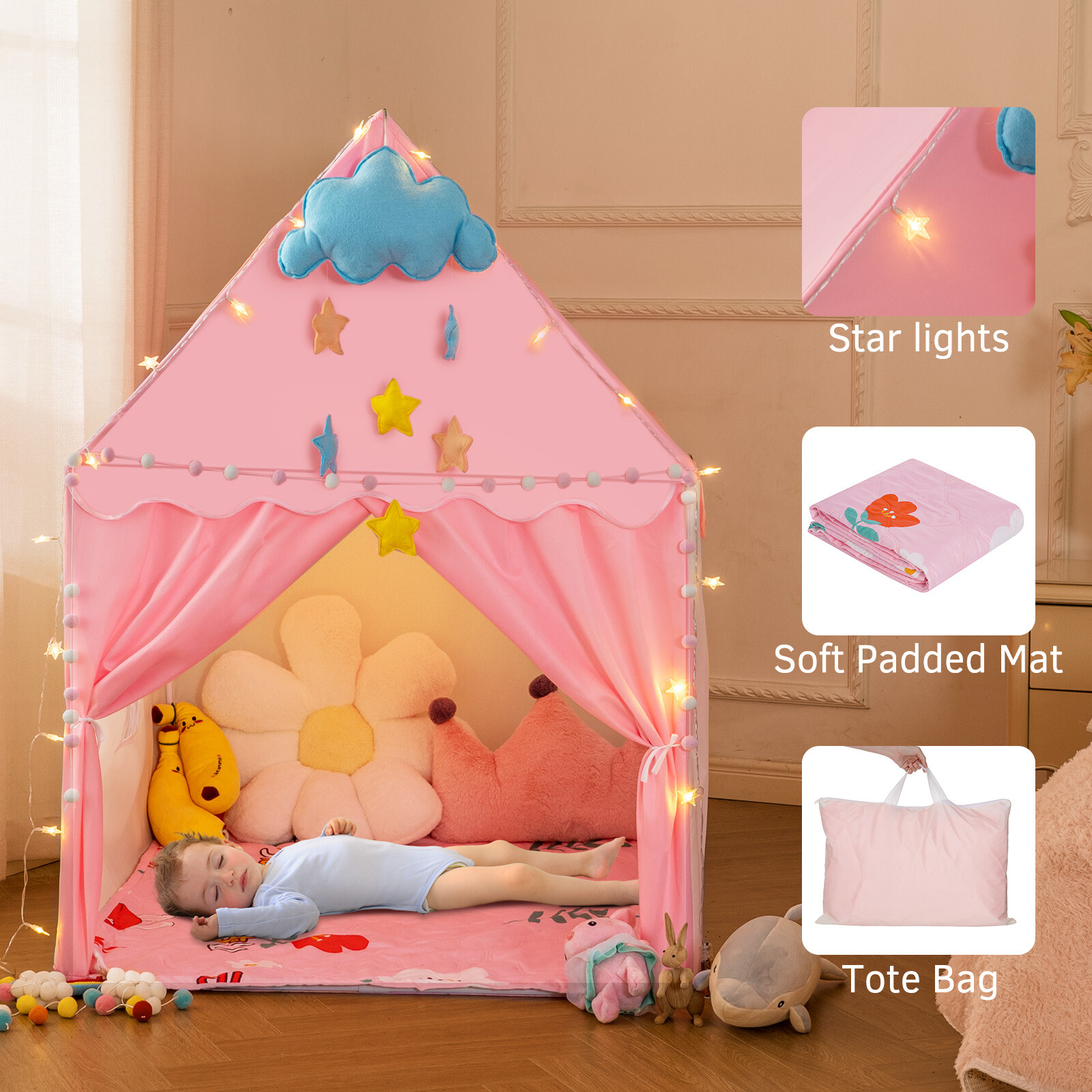 51"Large Princess Castle Kids Play Tent Girl Playhouse Game House Indoor/Outdoor
