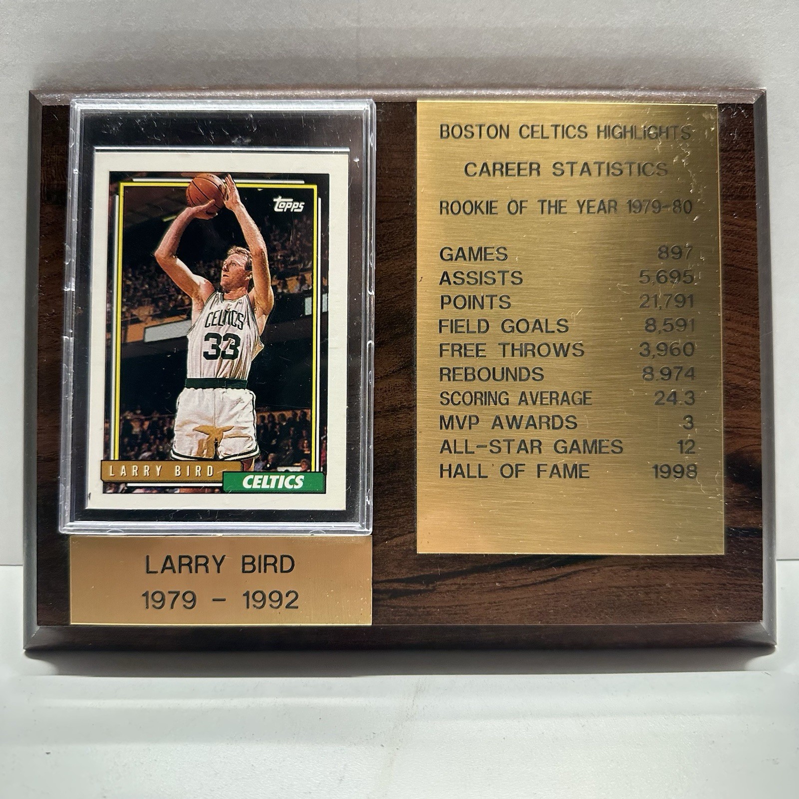 Topps 1992 Larry Bird # 1 Inside Rookie Of The Year Wall Plaque With Stats