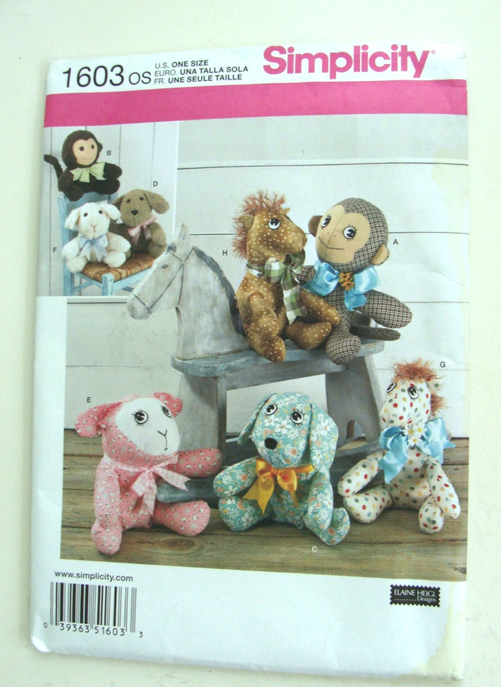 Simplicity Sewing Pattern 1603 Animals 8 Designs Monkey Puppy - PARTIALLY CUT