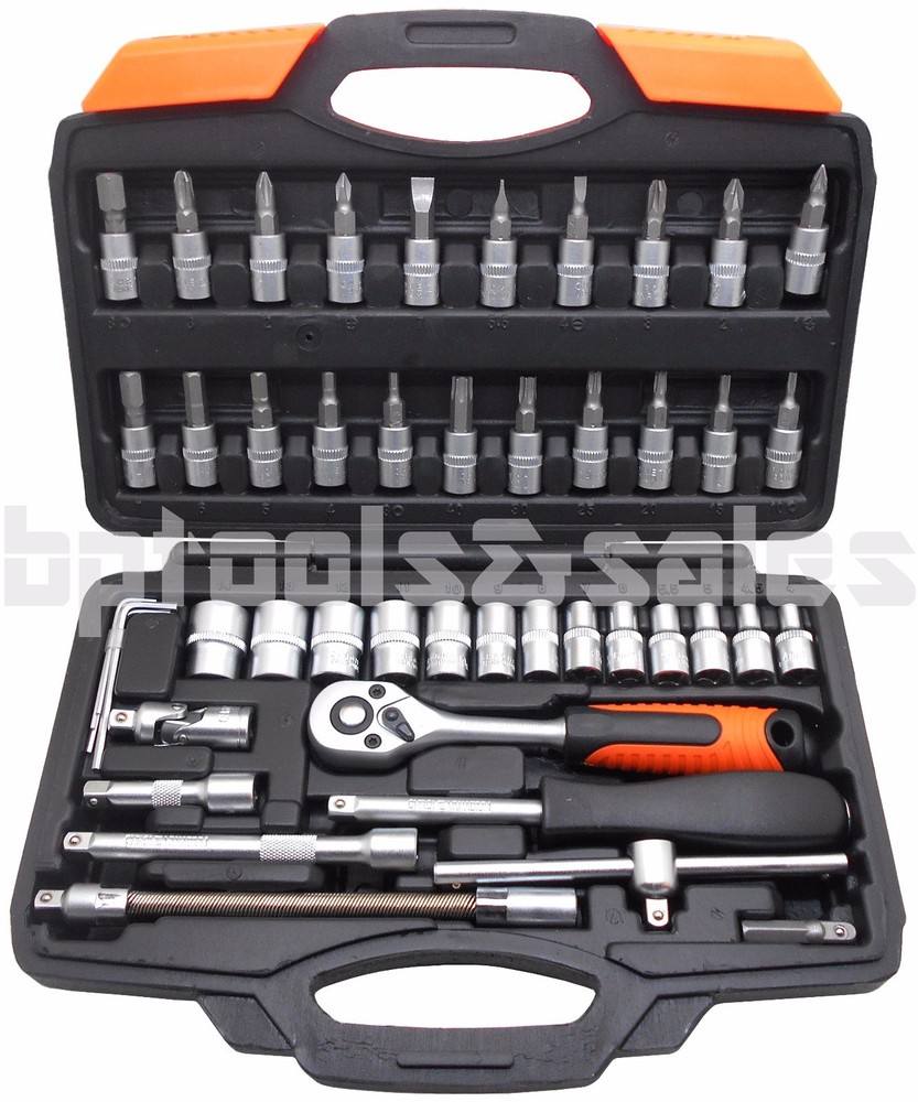 46pc 1/4" DR. Socket & Ratchet Wrench & Star Hex Torx Bits Set Sockets Flex Bar
